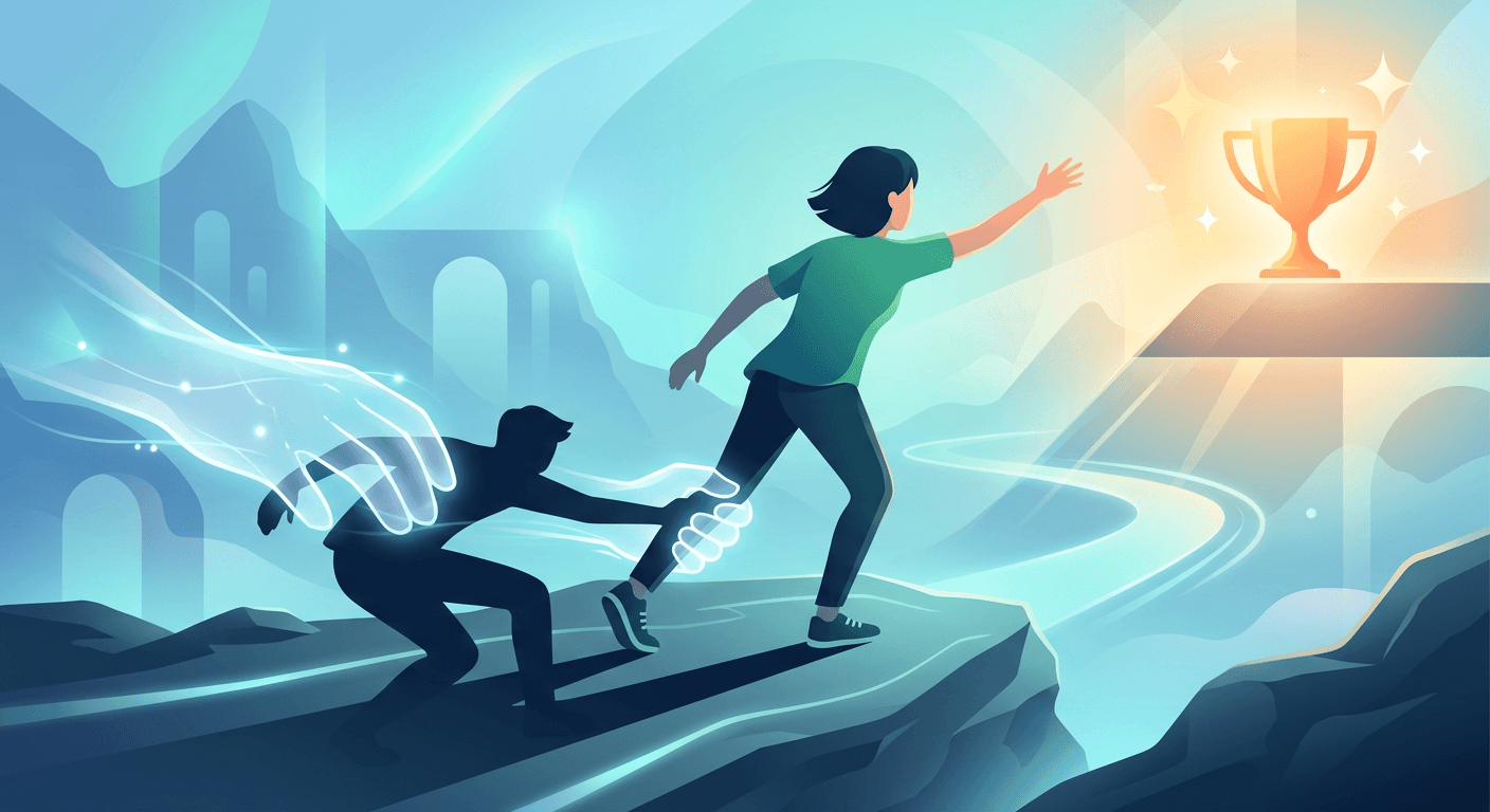 A conceptual illustration of an invisible hand pulling back a person's shadow as they reach toward a glowing trophy or finish