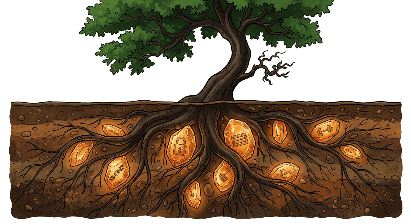 Deep underground roots of a large tree, shown in cross-section, with glowing crystallized beliefs embedded like amber stones