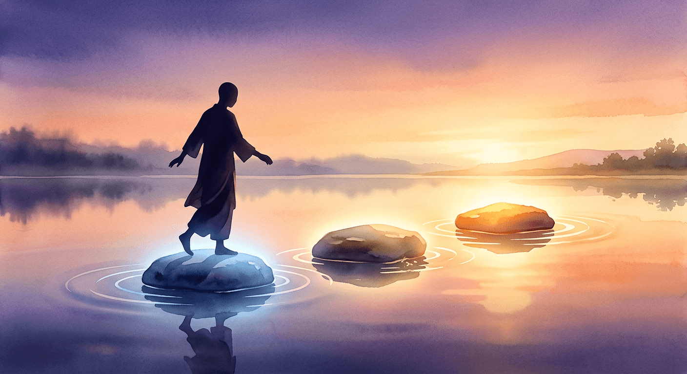 Three stepping stones floating over calm reflective water, each stone glowing progressively brighter from soft blue to warm g